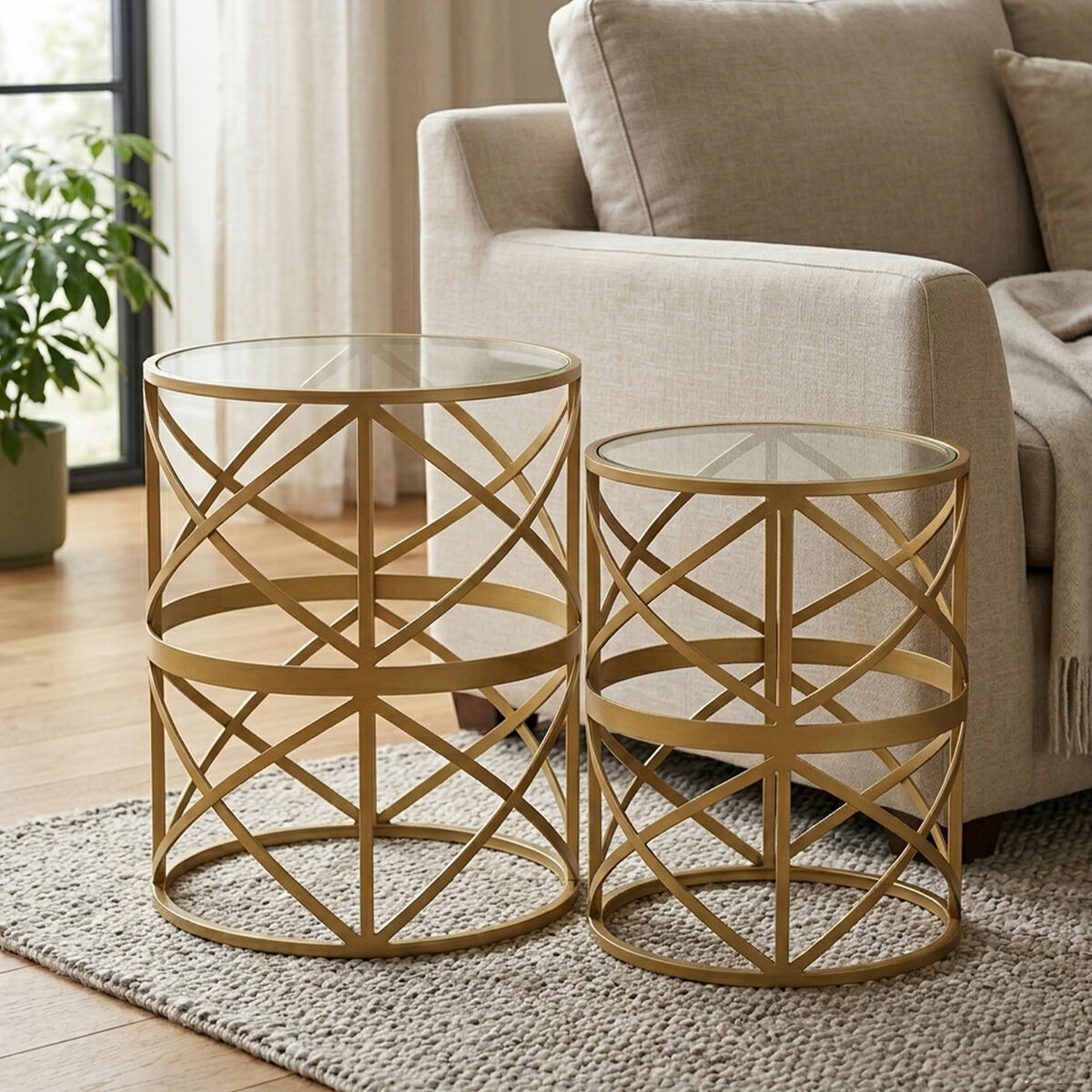 Rabia Glass Top and Antique Brass Finish Set of 2 Side Table