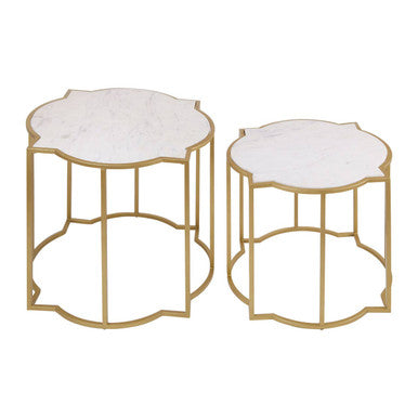 Rabia White Marble and Brass Finish Set of 2 Side Tables