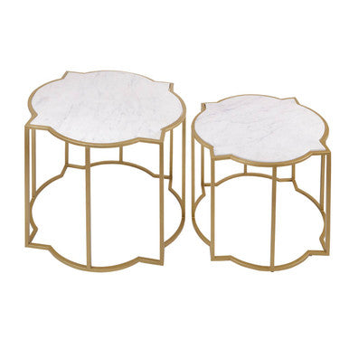 Rabia White Marble and Brass Finish Set of 2 Side Tables