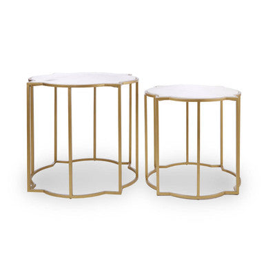 Rabia White Marble and Brass Finish Set of 2 Side Tables