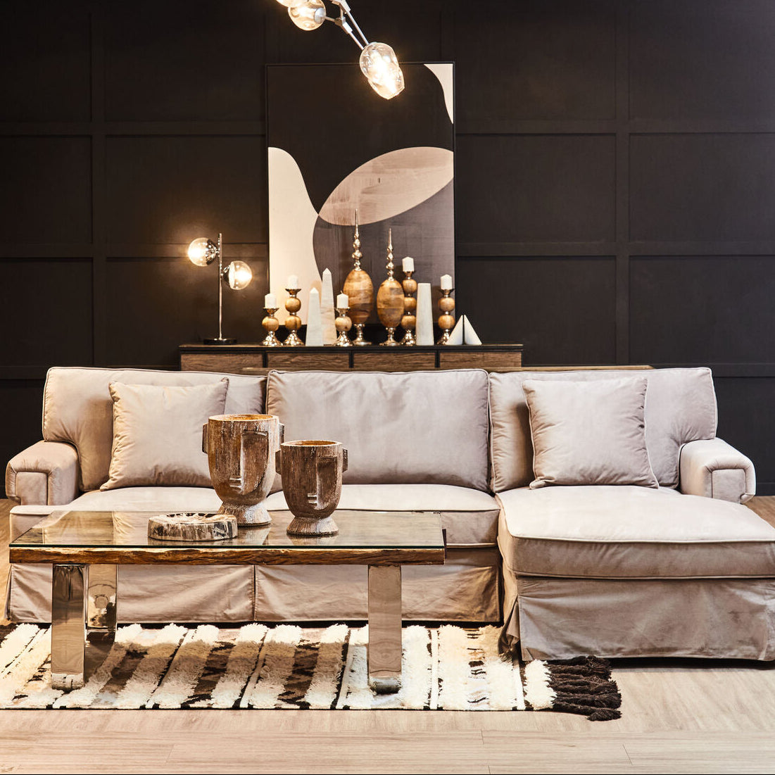 Ralph Grey Velvet 3 Seater Right Hand Chaise Sofa