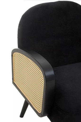 Hala Black Velvet and Rattan Armchair