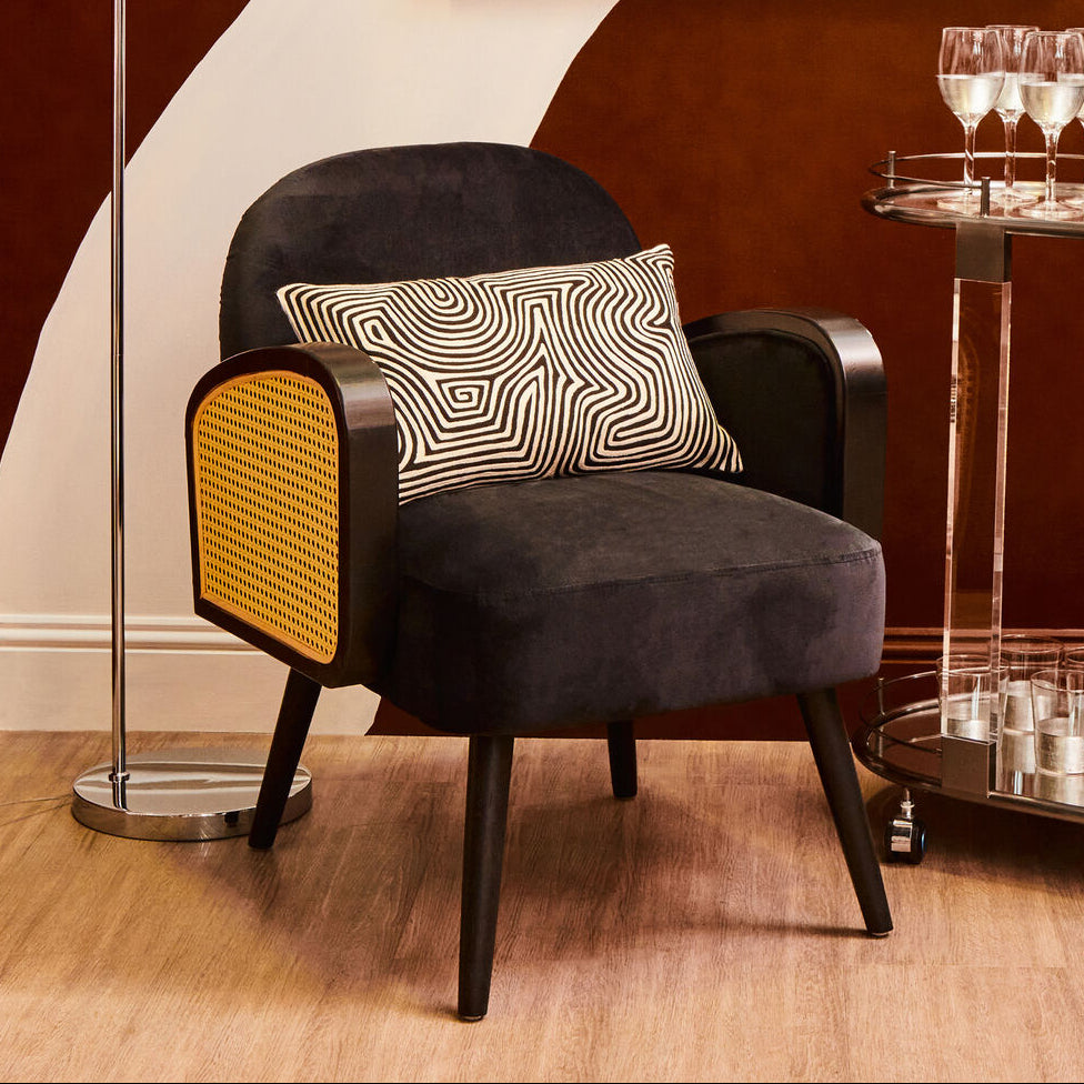 Hala Black Velvet and Rattan Armchair