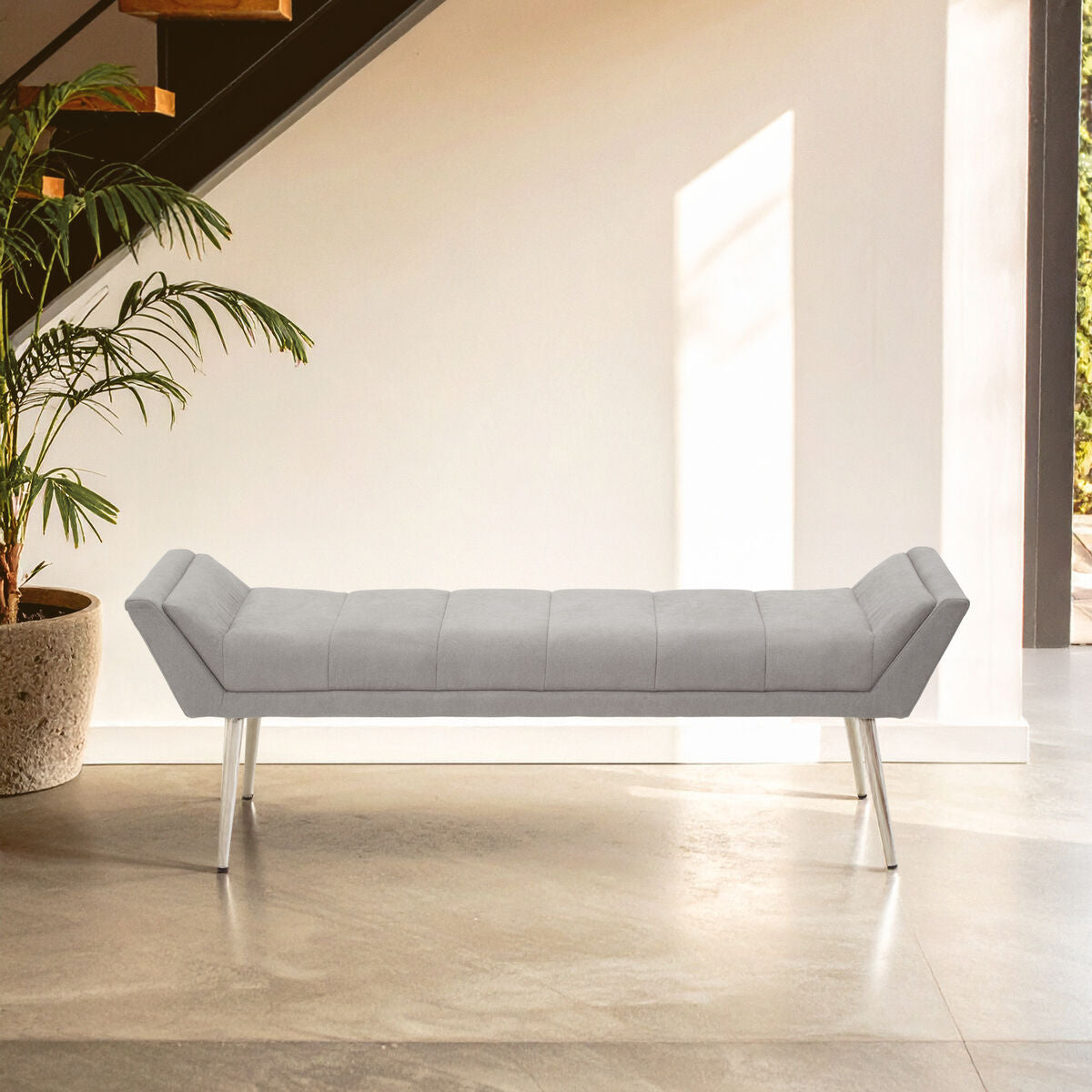 Gilden Grey Fabric Bench with Brushed Silver Finish Legs