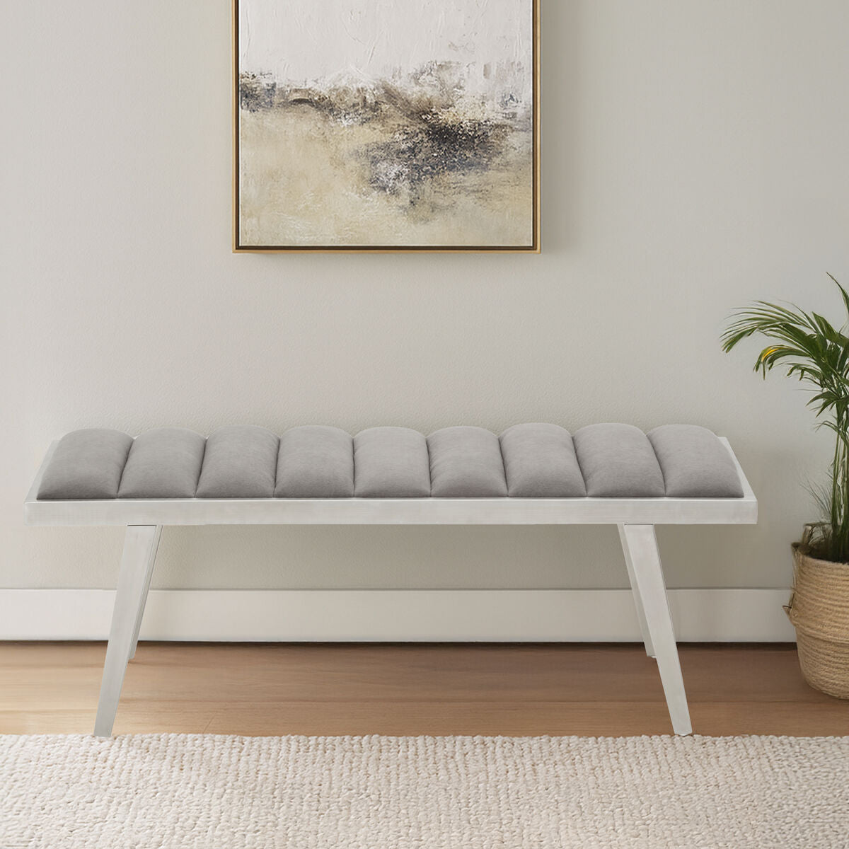 Gilden Grey Velvet Bench with Brushed Silver Finish Legs