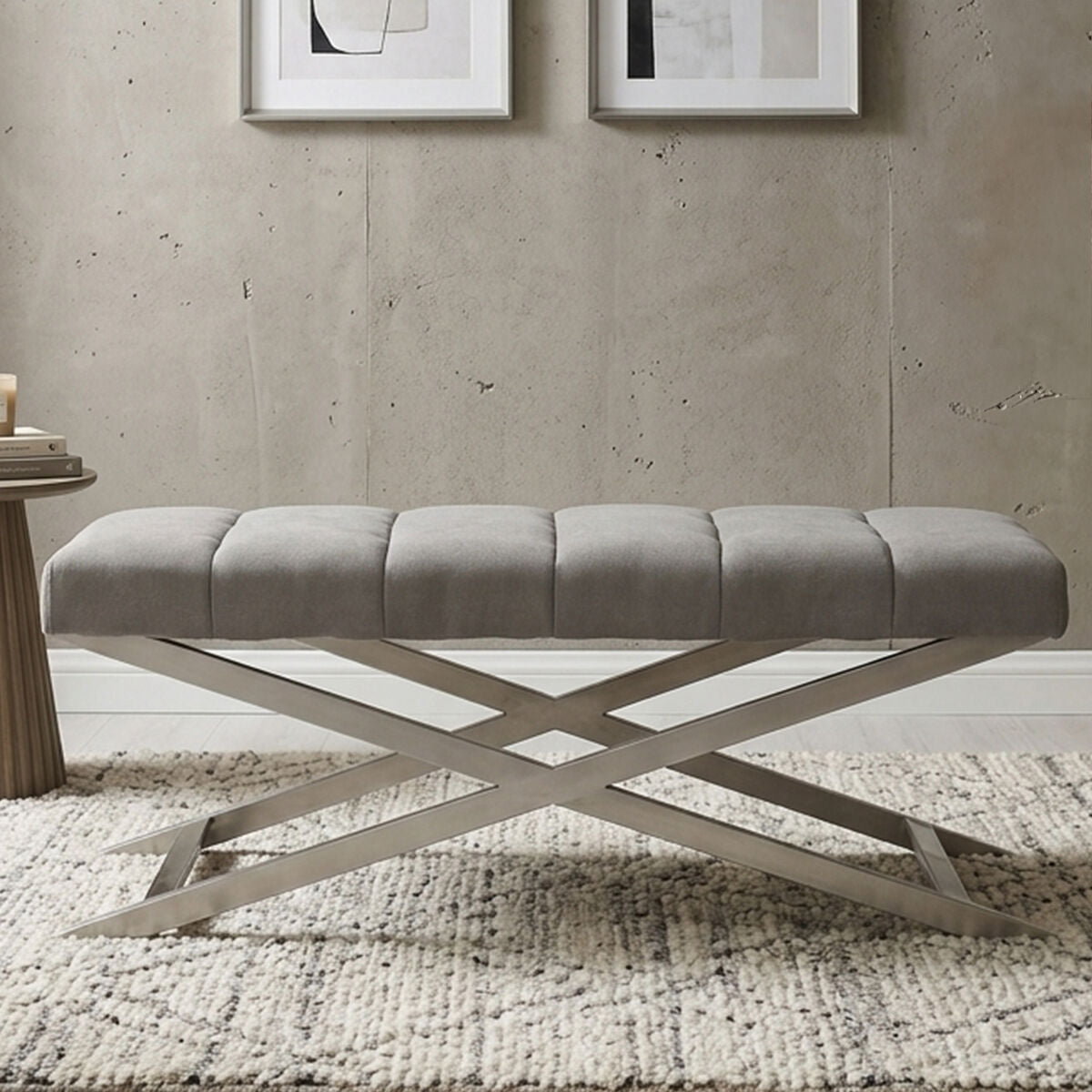 Gilden Grey Fabric Bench with Cross Base