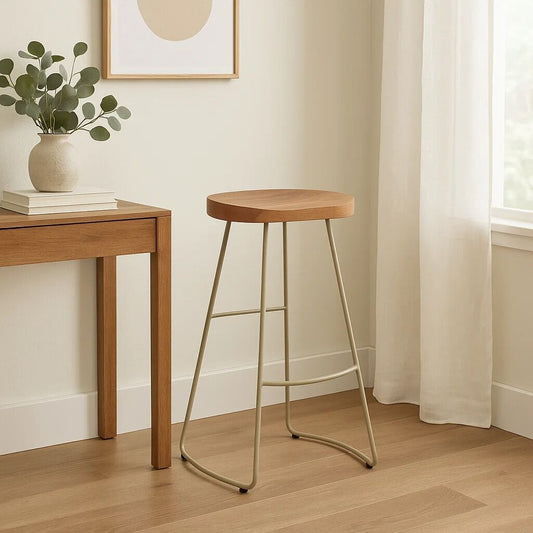 Nandri Acacia Wood Bar Stool with Antique Silver Finish Frame