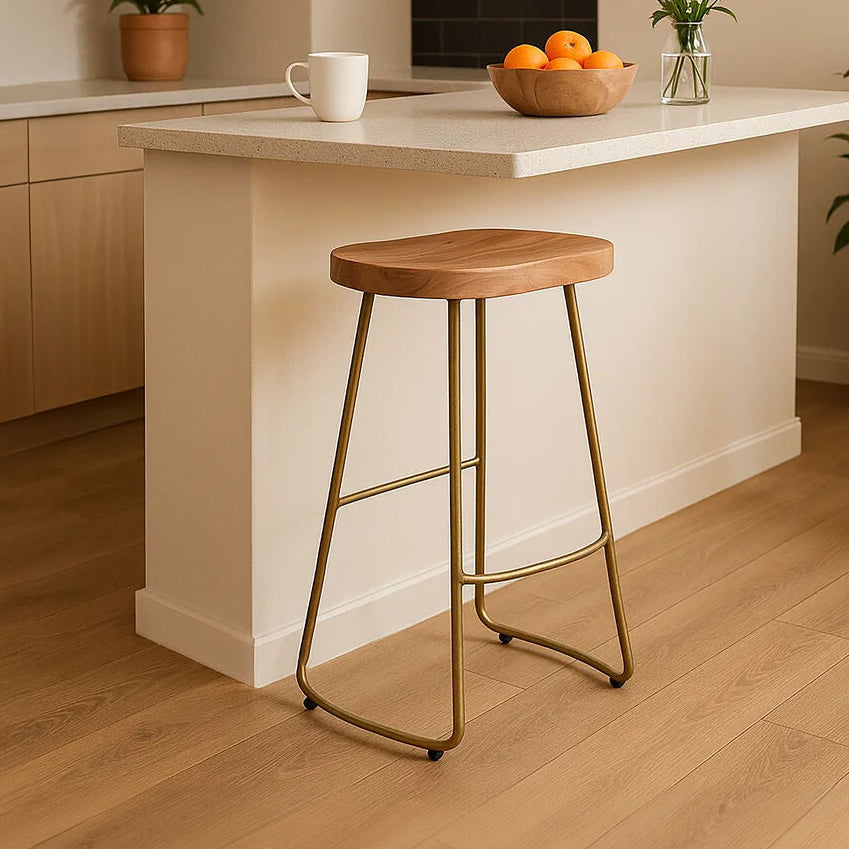 Nandri Natural Acacia Wood and Antique Brass Finish Bar Stool