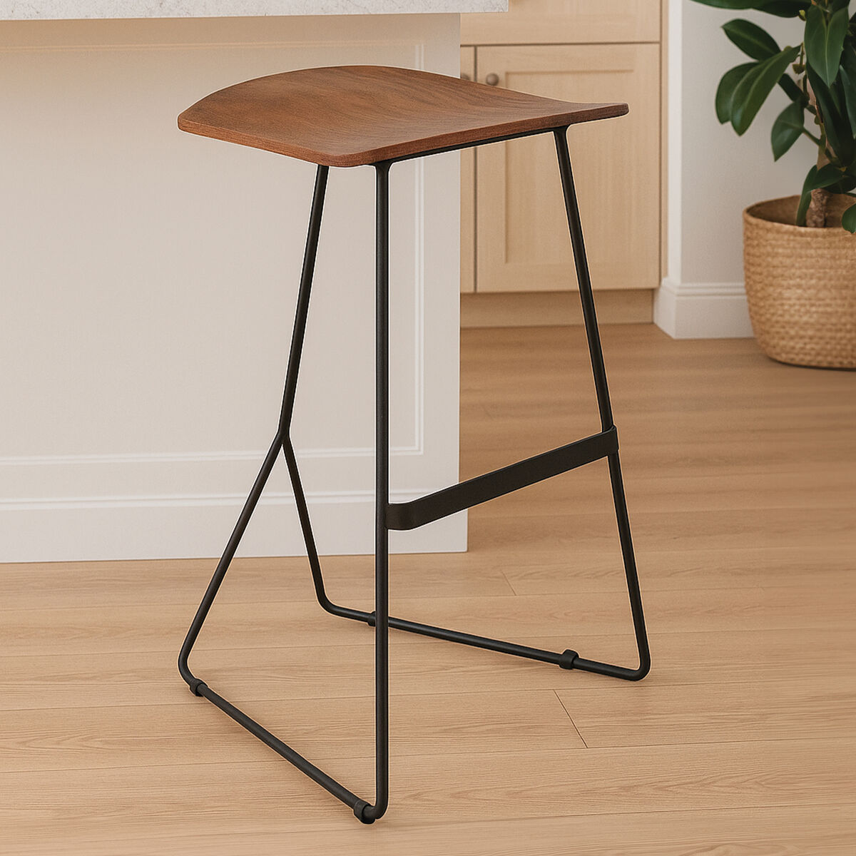 Nandri Acacia Wood Bar Stool with Black Finish Base