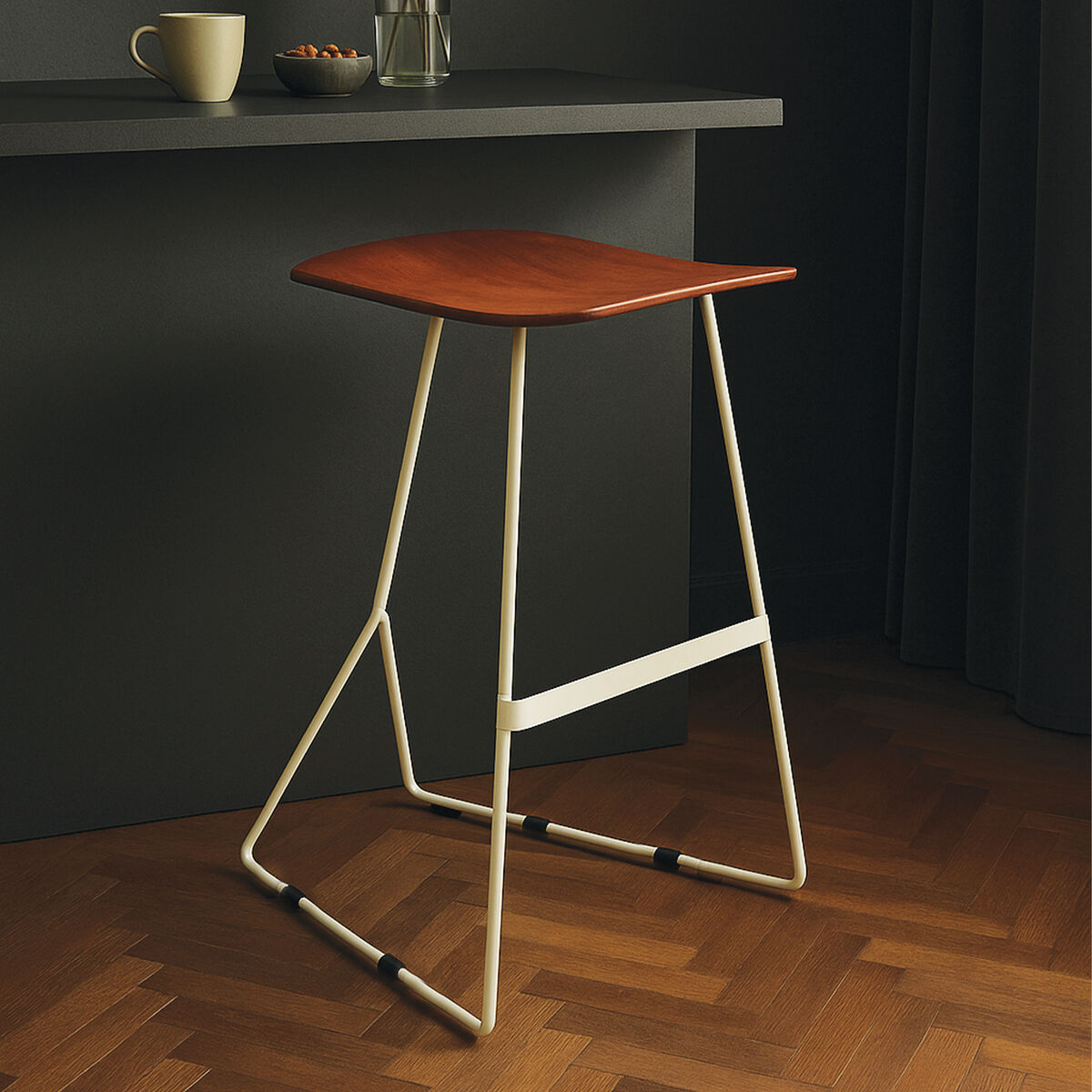 Nandri Brown Acacia Wood Bar Stool with Antique Silver Finish Frame