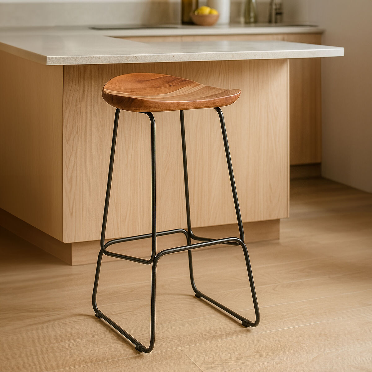 Nandri Acacia Wood Bar Stool with Black Finish Legs
