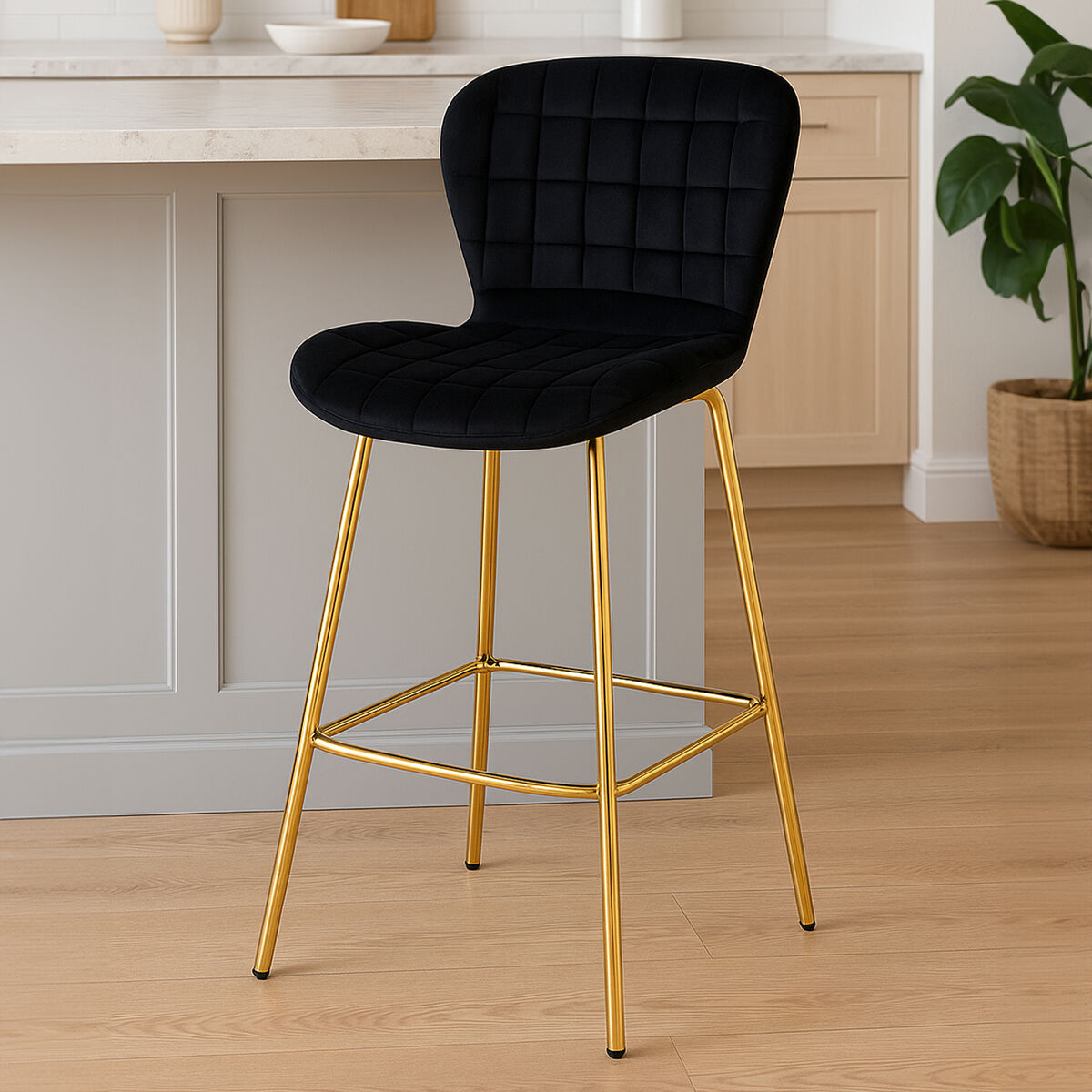 Warton Black Velvet Quilted Bar Chair