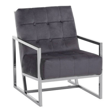 Hana Grey Velvet Button Tufted Chair with Silver Finish Frame