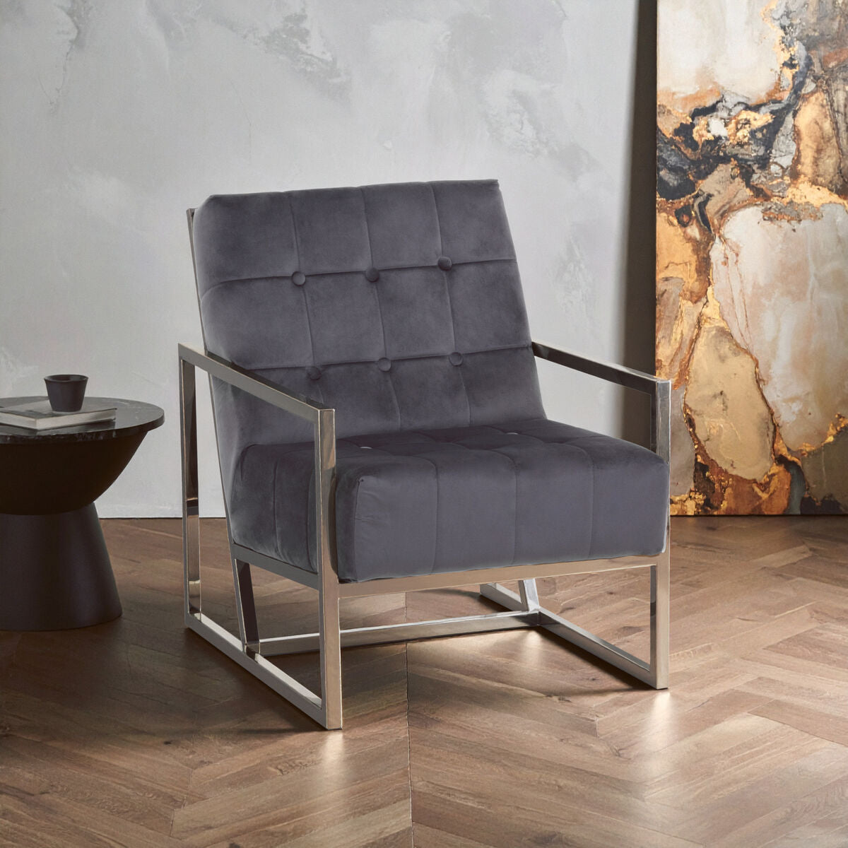 Hana Grey Velvet Button Tufted Chair with Silver Finish Frame