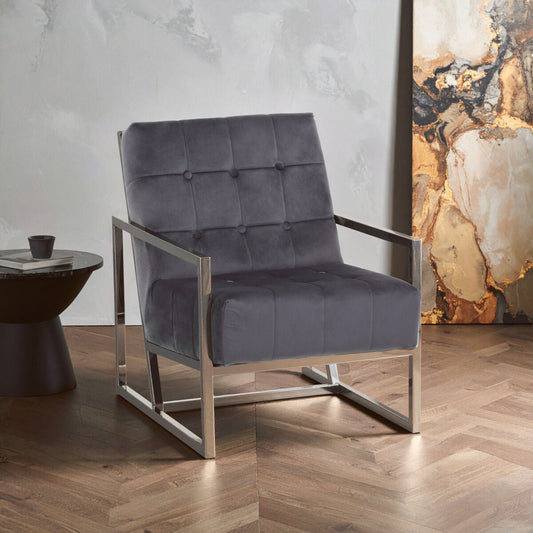 Hana Grey Velvet Button Tufted Chair with Silver Finish Frame