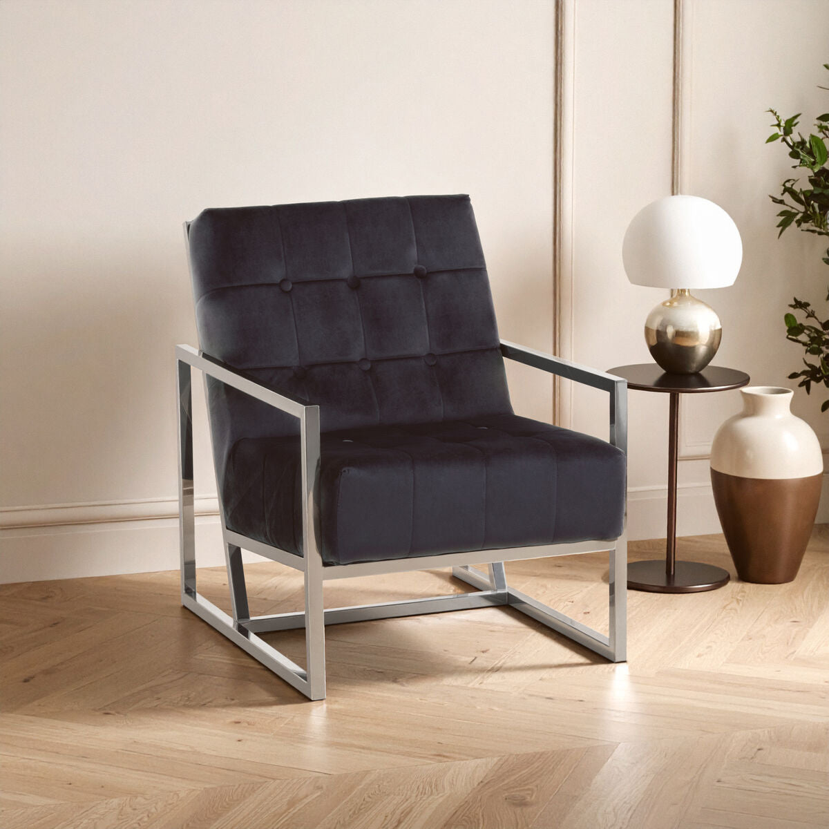 Hana Black Velvet Button Tufted Chair with Silver Finish Frame
