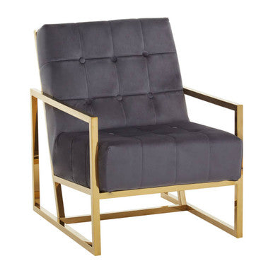 Hana Grey Velvet Button Tufted Chair with Gold Finish Frame