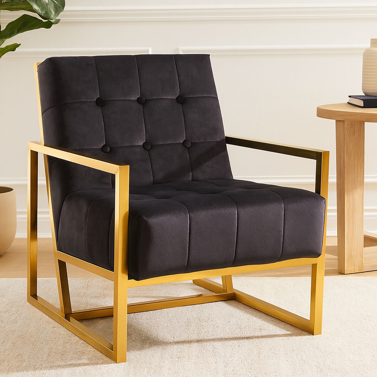 Hana Black Velvet Button Tufted Chair with Gold Finish Frame