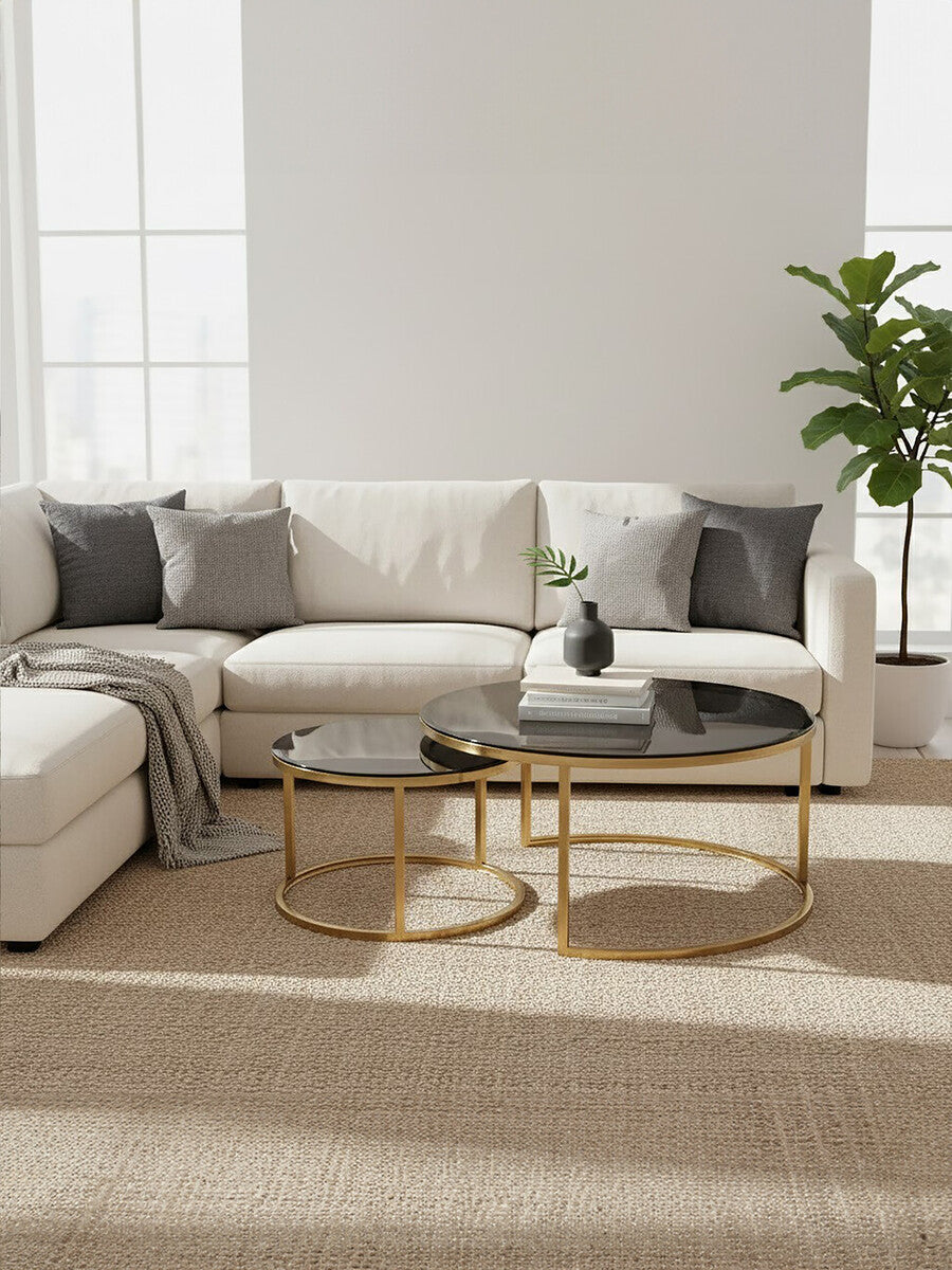 Alana Black Glass and Brushed Gold Finish Set of 2 Nesting Coffee Tables