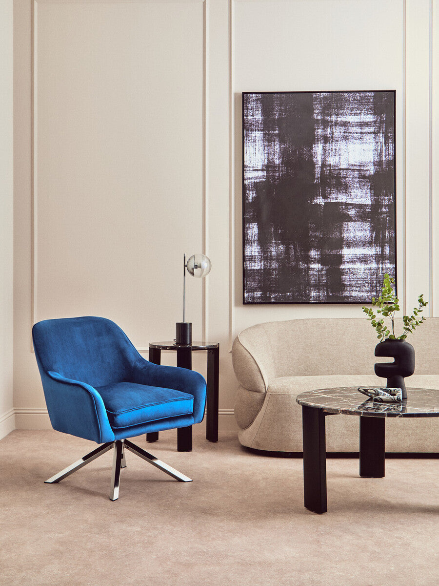 Avery Midnight Blue Velvet Swivel Chair with Chrome Finish Base