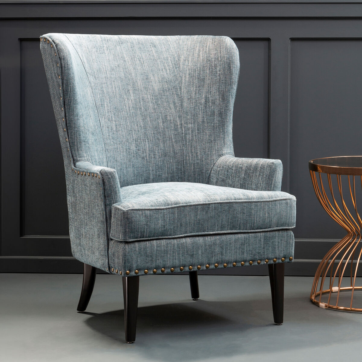 Welham Blue Fabric Wingback Lounge Chair with Wooden Legs