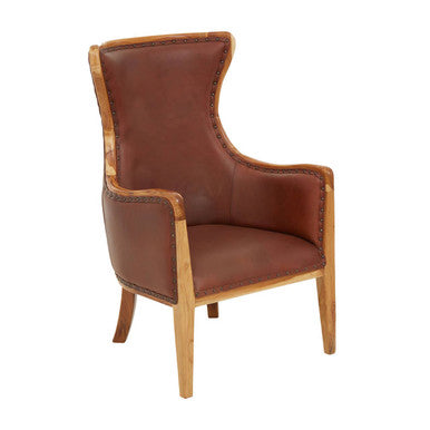 Kendari Brown Leather and Teak Wood Studded Chair