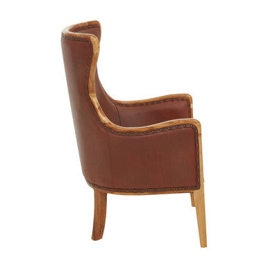 Kendari Brown Leather and Teak Wood Studded Chair