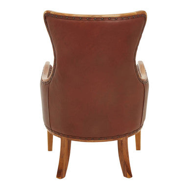Kendari Brown Leather and Teak Wood Studded Chair
