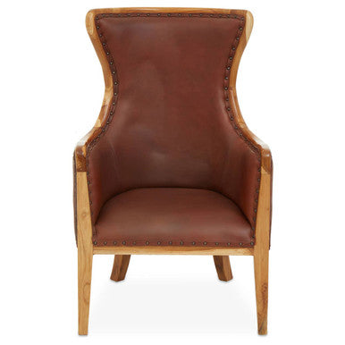 Kendari Brown Leather and Teak Wood Studded Chair