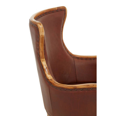 Kendari Brown Leather and Teak Wood Studded Chair