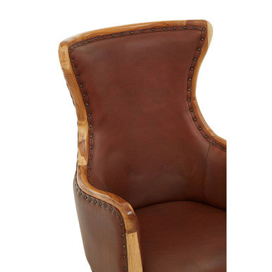 Kendari Brown Leather and Teak Wood Studded Chair