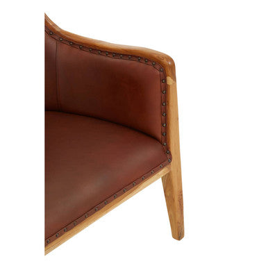 Kendari Brown Leather and Teak Wood Studded Chair