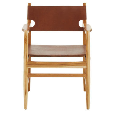 Kendari Antique Brown Leather and Teak Wood Chair