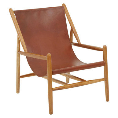 Kendari Antique Brown Leather and Teak Wood Modern Sling Chair