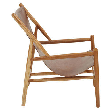Kendari Antique Brown Leather and Teak Wood Modern Sling Chair