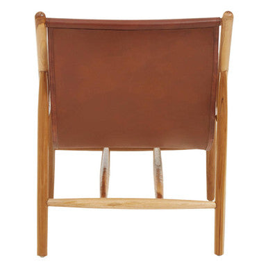Kendari Antique Brown Leather and Teak Wood Modern Sling Chair