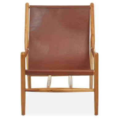 Kendari Antique Brown Leather and Teak Wood Modern Sling Chair
