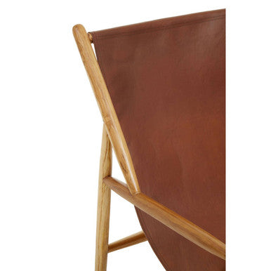 Kendari Antique Brown Leather and Teak Wood Modern Sling Chair