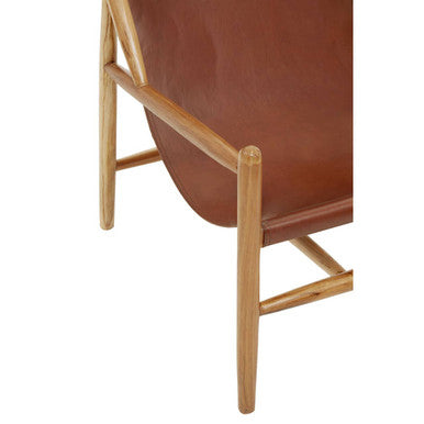Kendari Antique Brown Leather and Teak Wood Modern Sling Chair