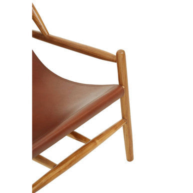 Kendari Antique Brown Leather and Teak Wood Modern Sling Chair