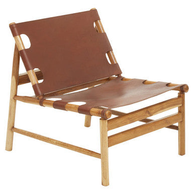 Kendari Antique Brown Leather and Teak Wood Sling Chair