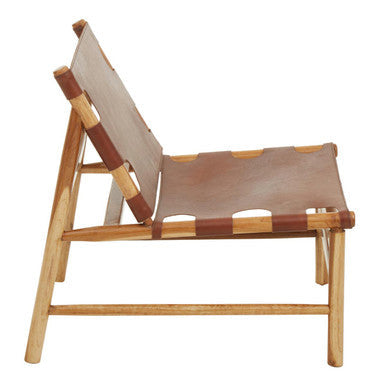 Kendari Antique Brown Leather and Teak Wood Sling Chair
