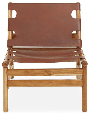 Kendari Antique Brown Leather and Teak Wood Sling Chair