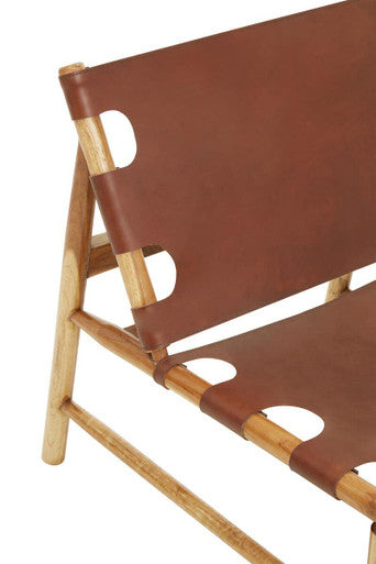 Kendari Antique Brown Leather and Teak Wood Sling Chair