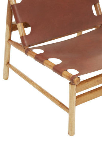 Kendari Antique Brown Leather and Teak Wood Sling Chair