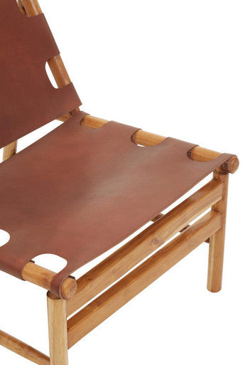 Kendari Antique Brown Leather and Teak Wood Sling Chair