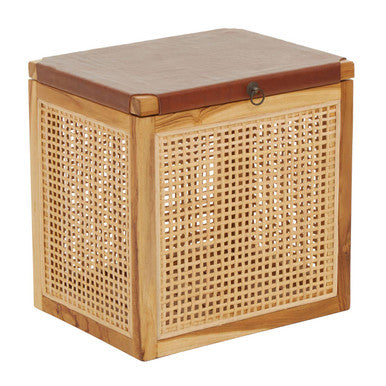 Kendari Natural Rattan and Antique Brown Leather Storage Box Side Table