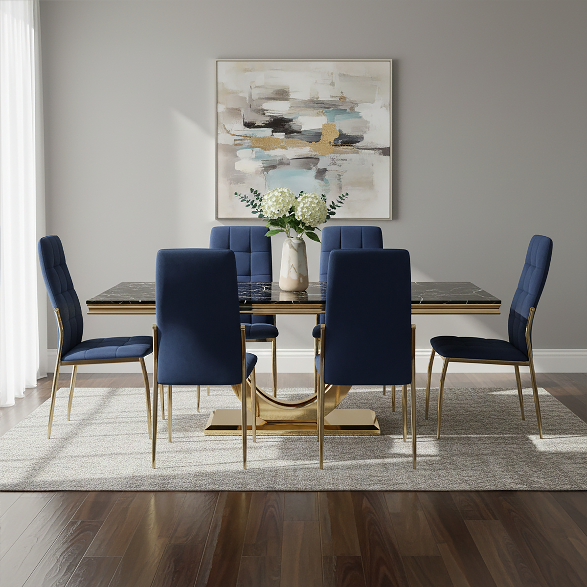 Moda Black Marble Effect Rectangular Dining Table with Gold Finish Base