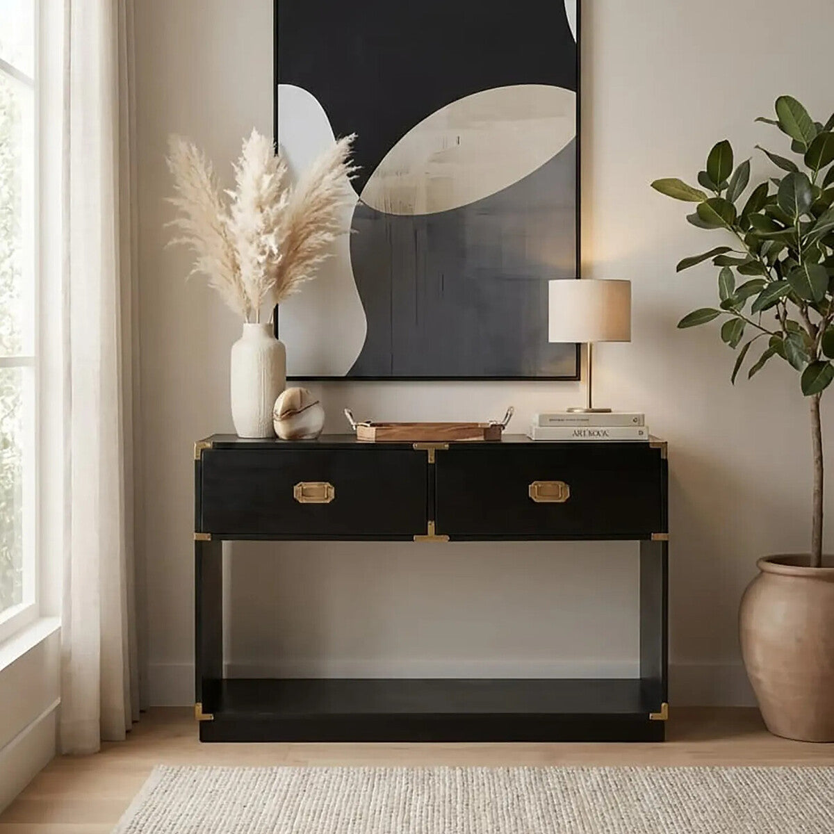 Sarter Black Mango Wood 2 Drawer Console Table