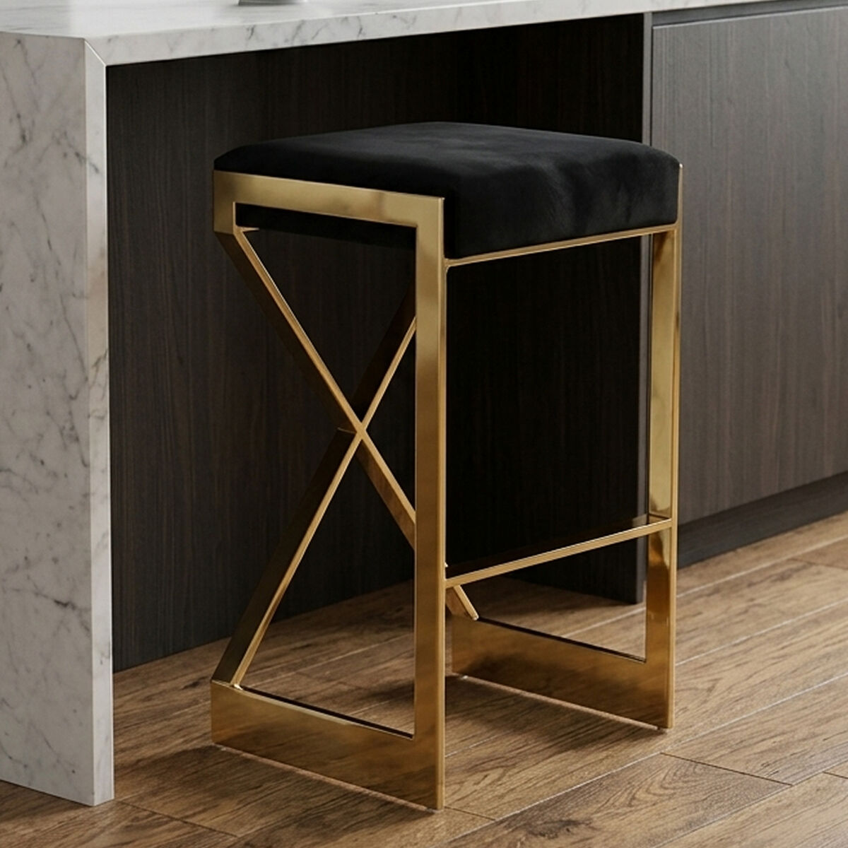 Azalea Black Velvet Bar Chair with Gold Finish Frame